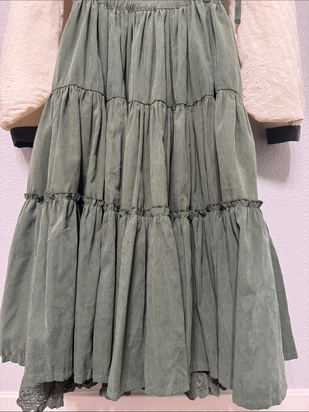 Cream & Olive Floral Embroidered Long Sleeve Dress with Suspender Skirt - Picture 11 of 16